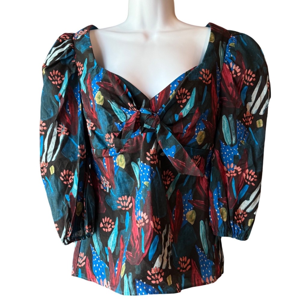 Eva Franco Anthropologie Black Motif Puff Sleeve Tie Front Blouse Top Sz 4 New